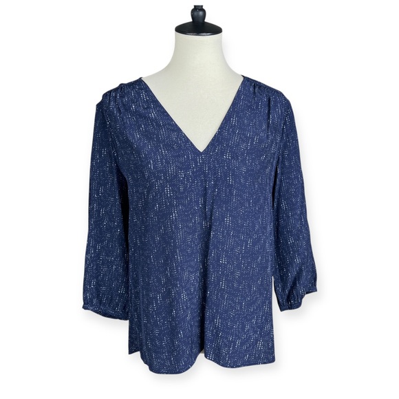 Joie 100% Silk Popover Blouse V-Neck 3/4 Sleeve Blue Printed Sz S Office Career - Picture 1 of 8
